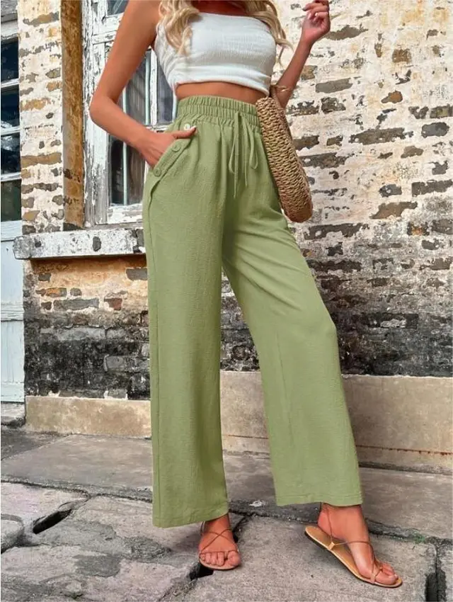 New Casual Pants With Pockets Elastic Drawstring High Waist Loose Trousers For Women Army Green - Shop at LoveMi
