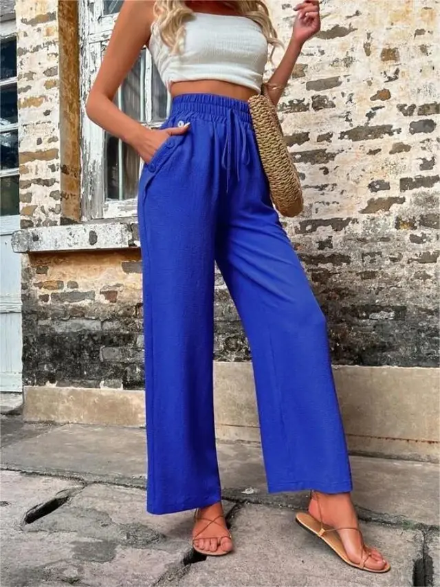 New Casual Pants With Pockets Elastic Drawstring High Waist Loose Trousers For Women Blue - Shop at LoveMi