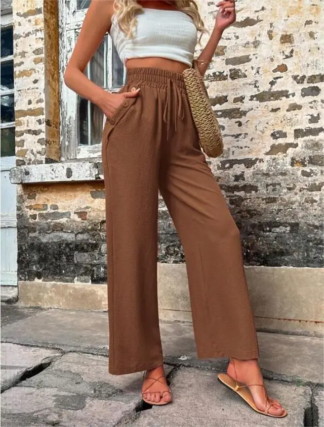 New Casual Pants With Pockets Elastic Drawstring High Waist Loose Trousers For Women Dark Brown - Shop at LoveMi