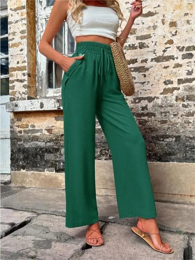 New Casual Pants With Pockets Elastic Drawstring High Waist Loose Trousers For Women Dark Green - Shop at LoveMi