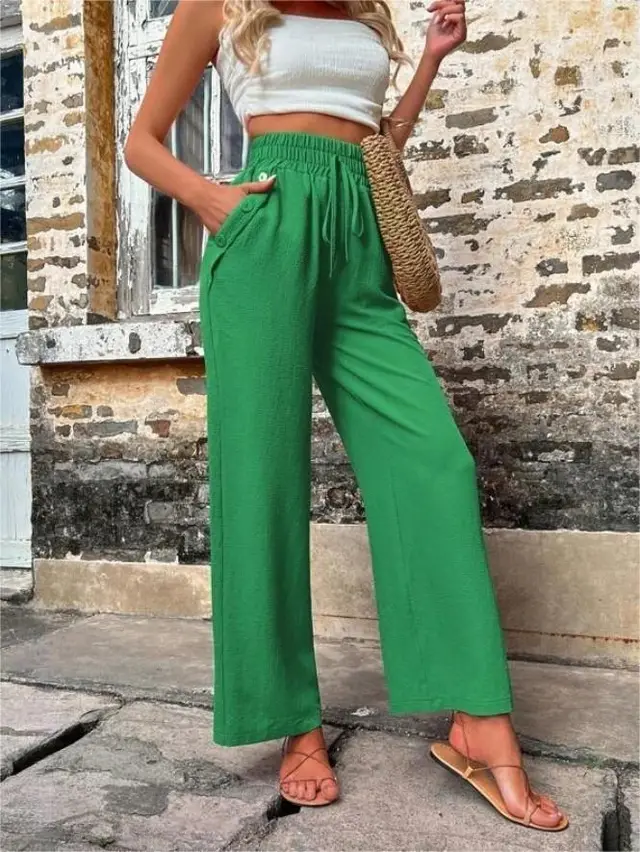 New Casual Pants With Pockets Elastic Drawstring High Waist Loose Trousers For Women Green - Shop at LoveMi