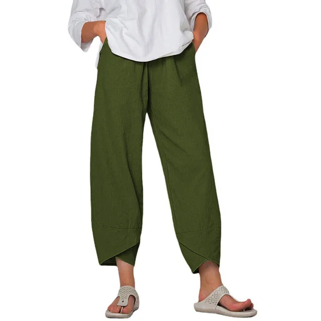 Cotton And Linen Wide Leg Pants Solid Color High Waist Loose Casual Trousers For Women Army Green - Shop at LoveMi