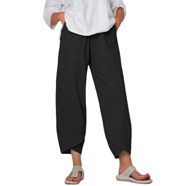 Cotton And Linen Wide Leg Pants Solid Color High Waist Loose Casual Trousers For Women Black - Shop at LoveMi