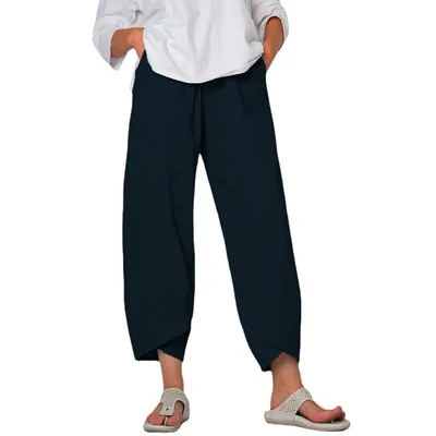 Cotton And Linen Wide Leg Pants Solid Color High Waist Loose Casual Trousers For Women Blue - Shop at LoveMi