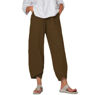Cotton And Linen Wide Leg Pants Solid Color High Waist Loose Casual Trousers For Women Coffee - Shop at LoveMi
