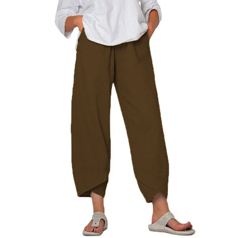 Cotton And Linen Wide Leg Pants Solid Color High Waist Loose Casual Trousers For Women - Coffee