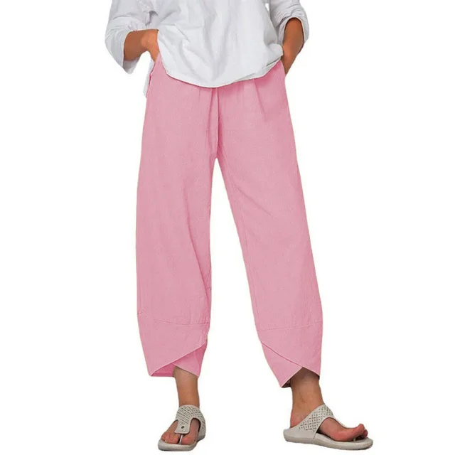 Cotton And Linen Wide Leg Pants Solid Color High Waist Loose Casual Trousers For Women Pink - Shop at LoveMi