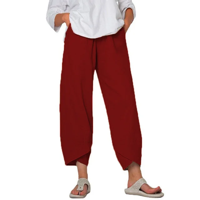 Cotton And Linen Wide Leg Pants Solid Color High Waist Loose Casual Trousers For Women Wine Red - Shop at LoveMi