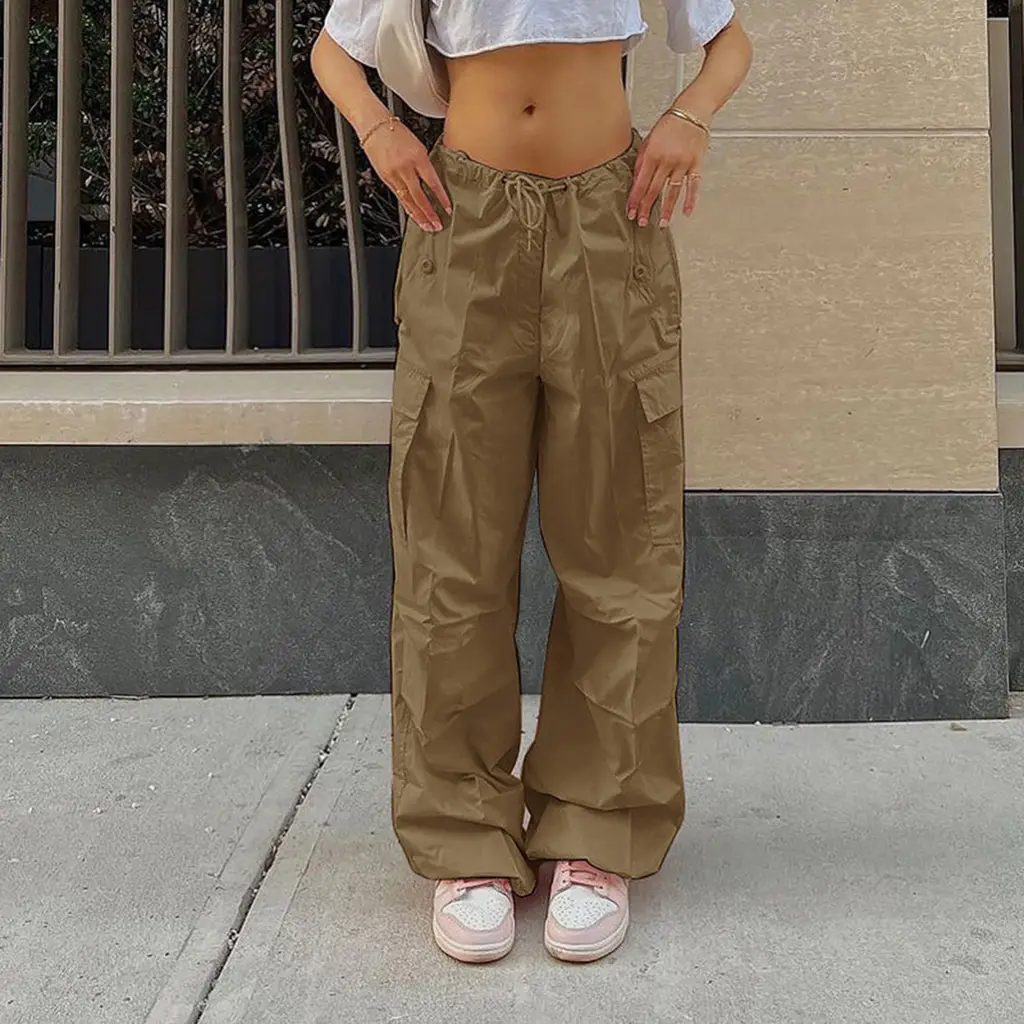 Casual Cargo Pants For Women Solid Colour Drawstring Pocket Design Fashion Street Trousers Girls - Brown