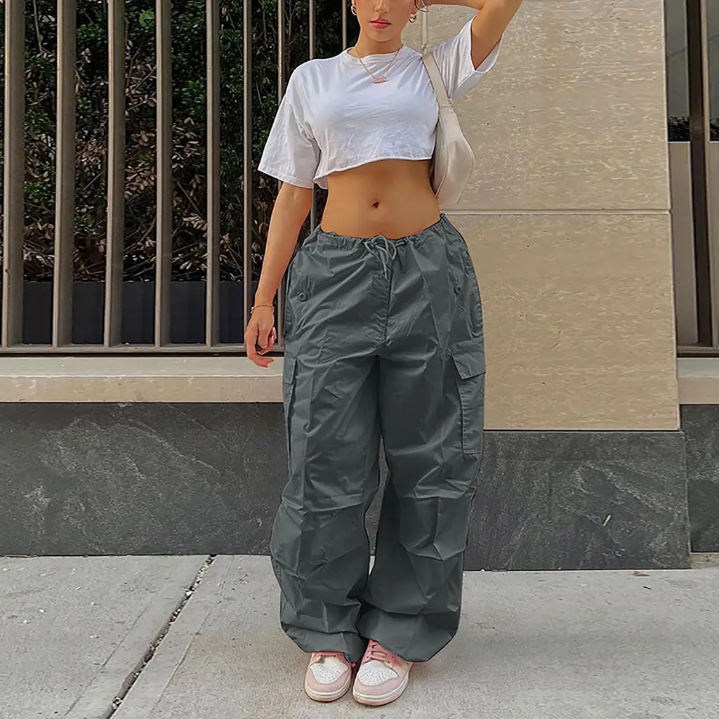 Casual Cargo Pants For Women Solid Color Drawstring Pocket Design Fashion Street Trousers Girls - Grey