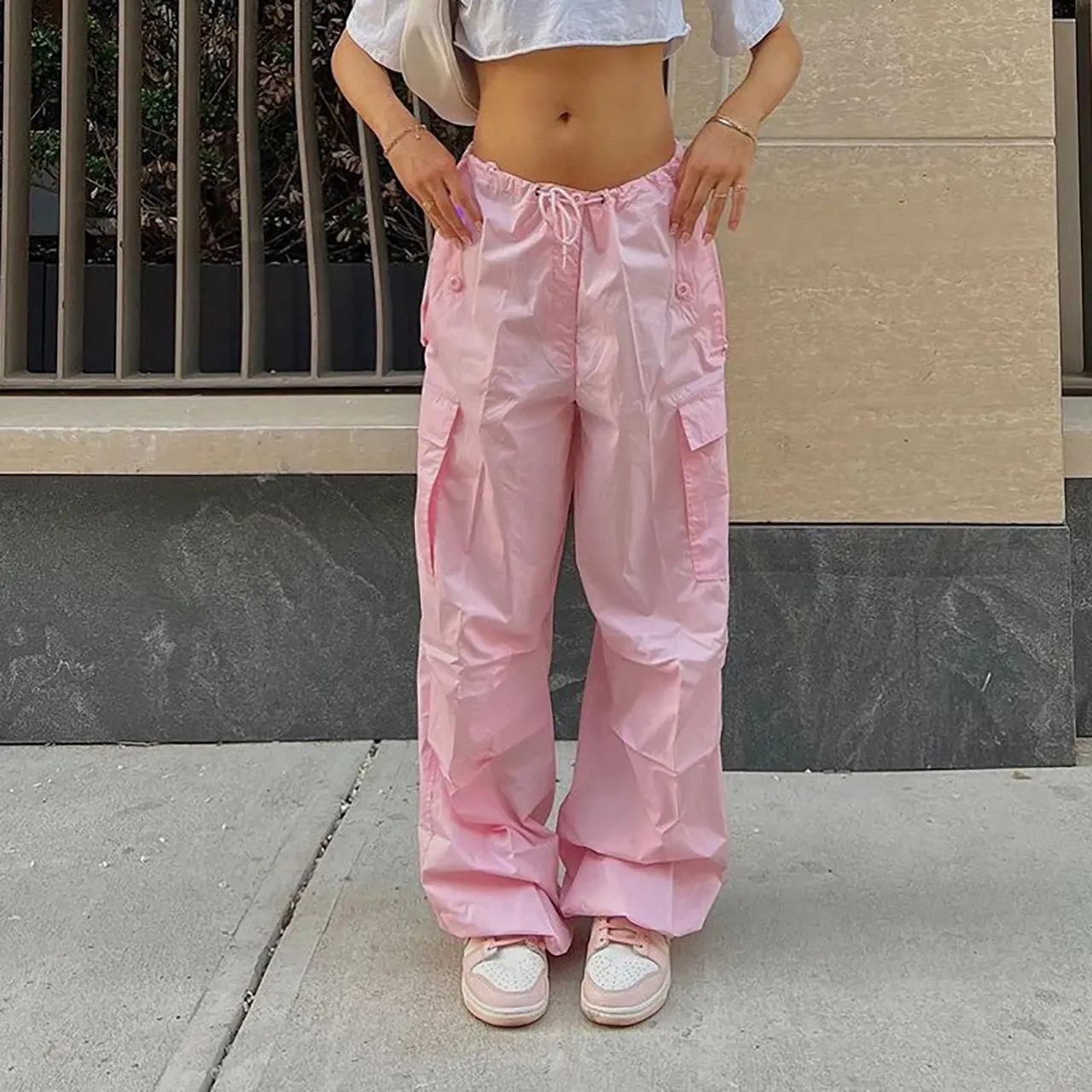Casual Cargo Pants For Women Solid Color Drawstring Pocket Design Fashion Street Trousers Girls - Pink
