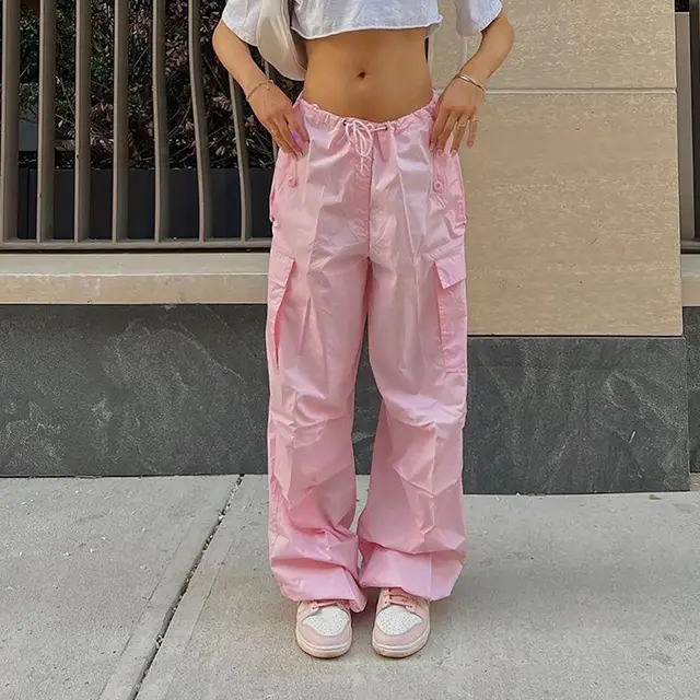 Casual Cargo Pants For Women Solid Color Drawstring Pocket Design Fashion Street Trousers Girls Pink - Shop at LoveMi