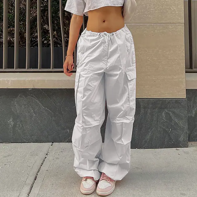 Casual Cargo Pants For Women Solid Color Drawstring Pocket Design Fashion Street Trousers Girls White - Shop at LoveMi