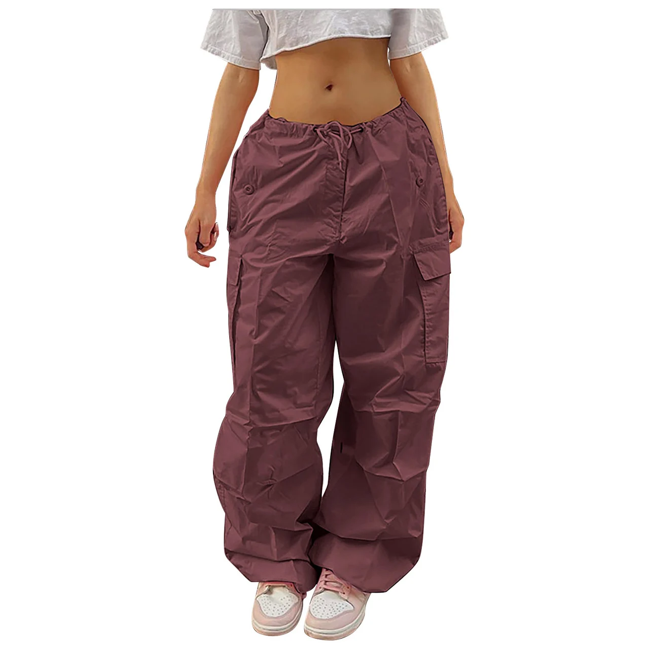 Casual Cargo Pants For Women Solid Colour Drawstring Pocket Design Fashion Street Trousers Girls - Wine Red
