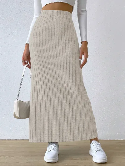 Spring Long Skirt High Waist Side Slit Slim Fit Knitted Women's Dress Apricot - Shop at LoveMi