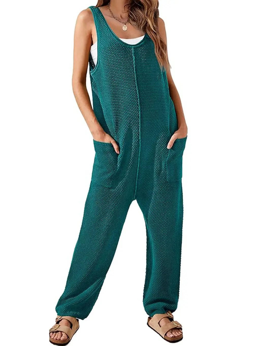 Women's Waffle Jumpsuit Casual Loose Sleeveless V Neck Jumpsuit Double Pocket Cargo Pants - Green
