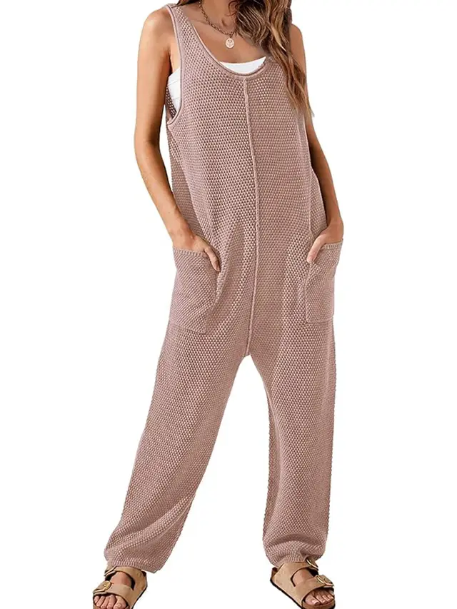 Women's Waffle Jumpsuit Casual Loose Sleeveless V Neck Jumpsuit Double Pocket Cargo Pants Lotus - Shop at LoveMi