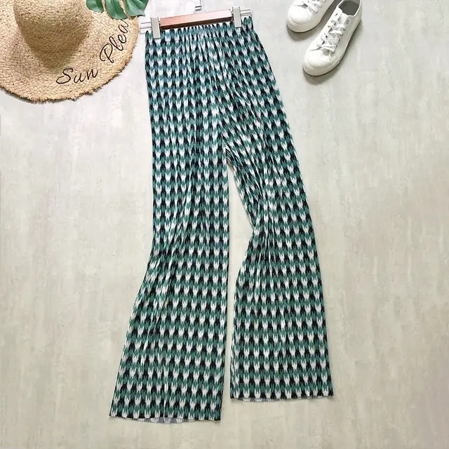 Spring And Summer Women's Wide legged Pants High Waist Pleated Houndstooth Green - Shop at LoveMi