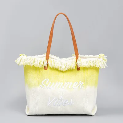 Embroidered Tote Tassel Canvas Bag Magnetic Bag Underarm Summer Yellow - Shop at LoveMi