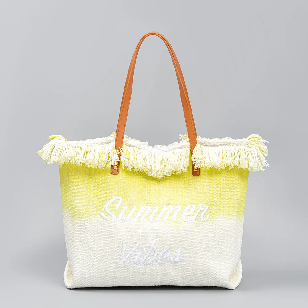 Embroidered Tote Tassel Canvas Bag Magnetic Bag Underarm Summer Yellow - Shop at LoveMi