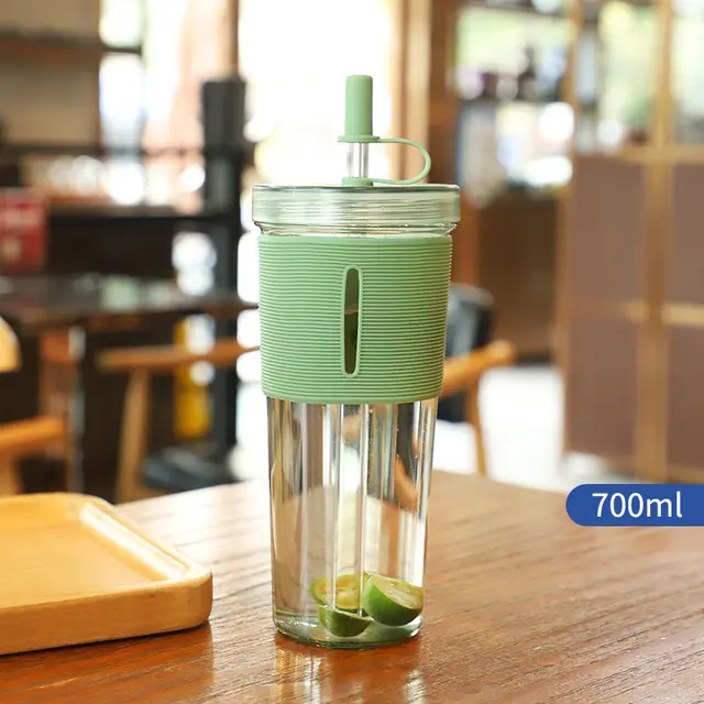 New Ins Style 700ml Large capacity Water Cup Cup With Straw Internet Celebrity Cola Milk Tea Advertising Plastic Portable Gift Cup Green - Shop at LoveMi