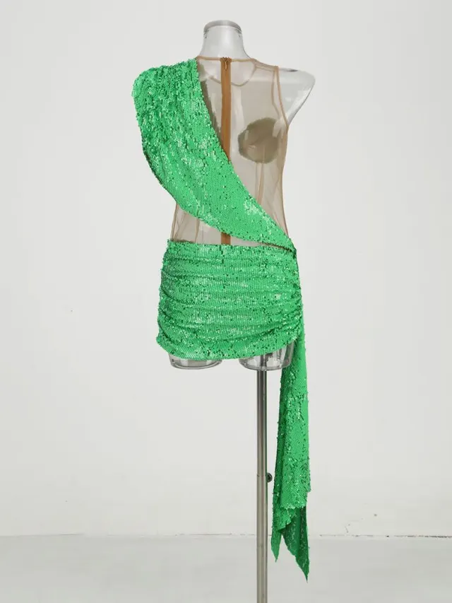 Sexy See through Sequins Elegant Shoulder Stitching Dress Green - Shop at LoveMi