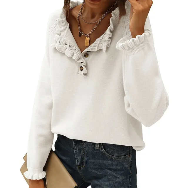 Women's Knitted New Casual Long sleeved Button Ruffled Pullover Sweater White - Shop at LoveMi