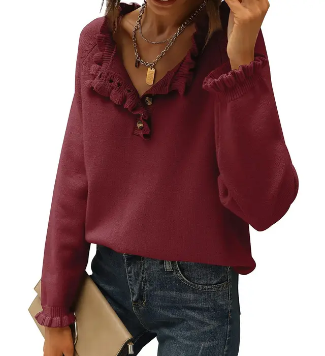 Women's Knitted New Casual Long sleeved Button Ruffled Pullover Sweater Wine Red - Shop at LoveMi