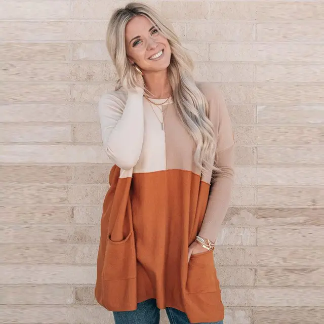Women's Orange Pocket Color Matching Long sleeved Top Lc25116711 Orange - Shop at LoveMi