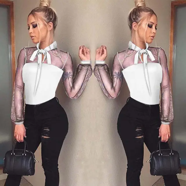 Black Bow Lace Mesh Long Sleeve One piece See through Shirt White - Shop at LoveMi