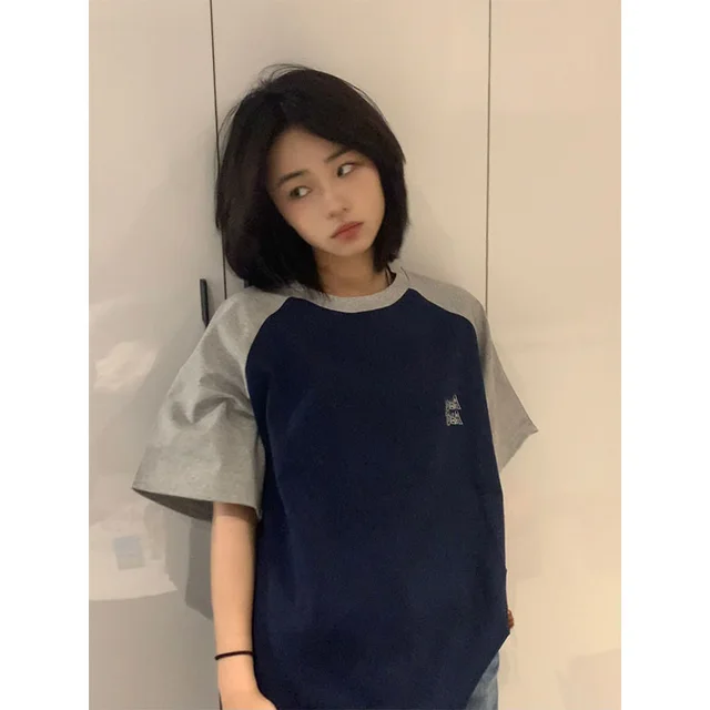 Retro Simple Letter Short sleeved T shirt Women's Summer Loose Couple Student Top Navy Blue - Shop at LoveMi
