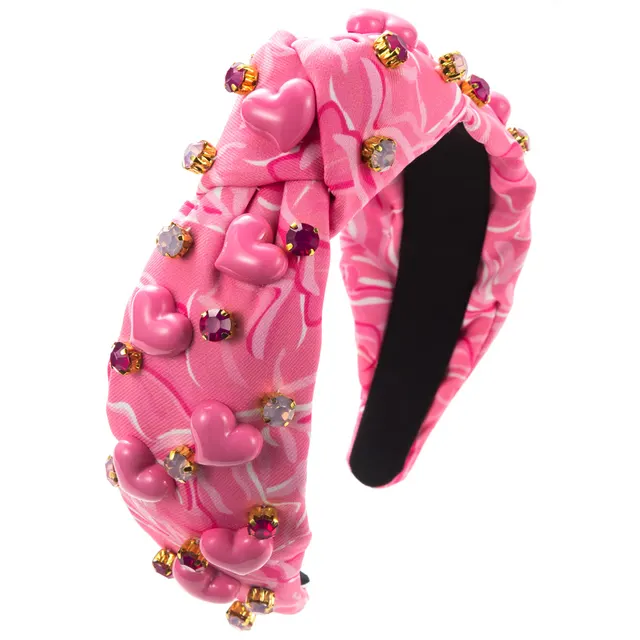 Printed Fabric Valentine's Day Headband Female Hand stitched Gem Inlaid Love Accessories Rose Red - Shop at LoveMi