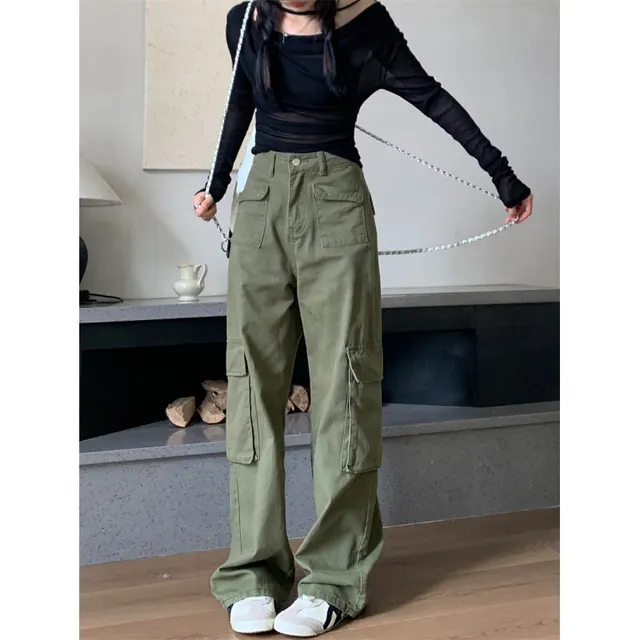 Retro Three dimensional Pocket Army Green Straight Cargo Pants Army Green - Shop at LoveMi