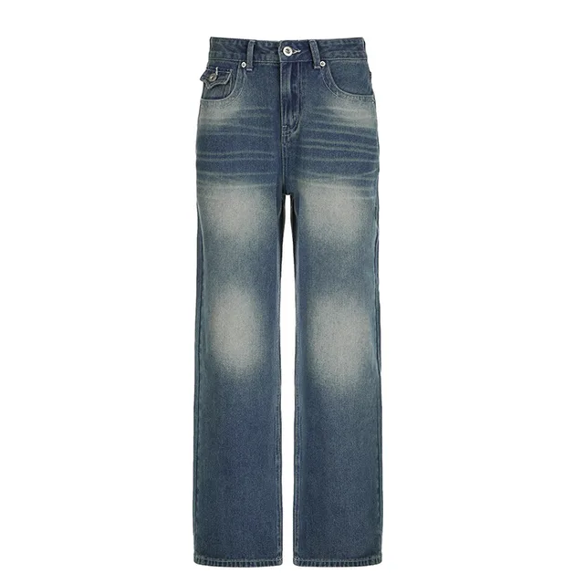 Gradient Color Loose Women's Basic All matching High Waist Wide Leg Drape Retro Casual Long Jeans Blue - Shop at LoveMi