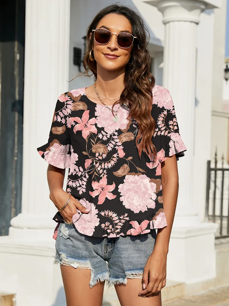 Women's Round Neck Printed Top Black - Shop at LoveMi
