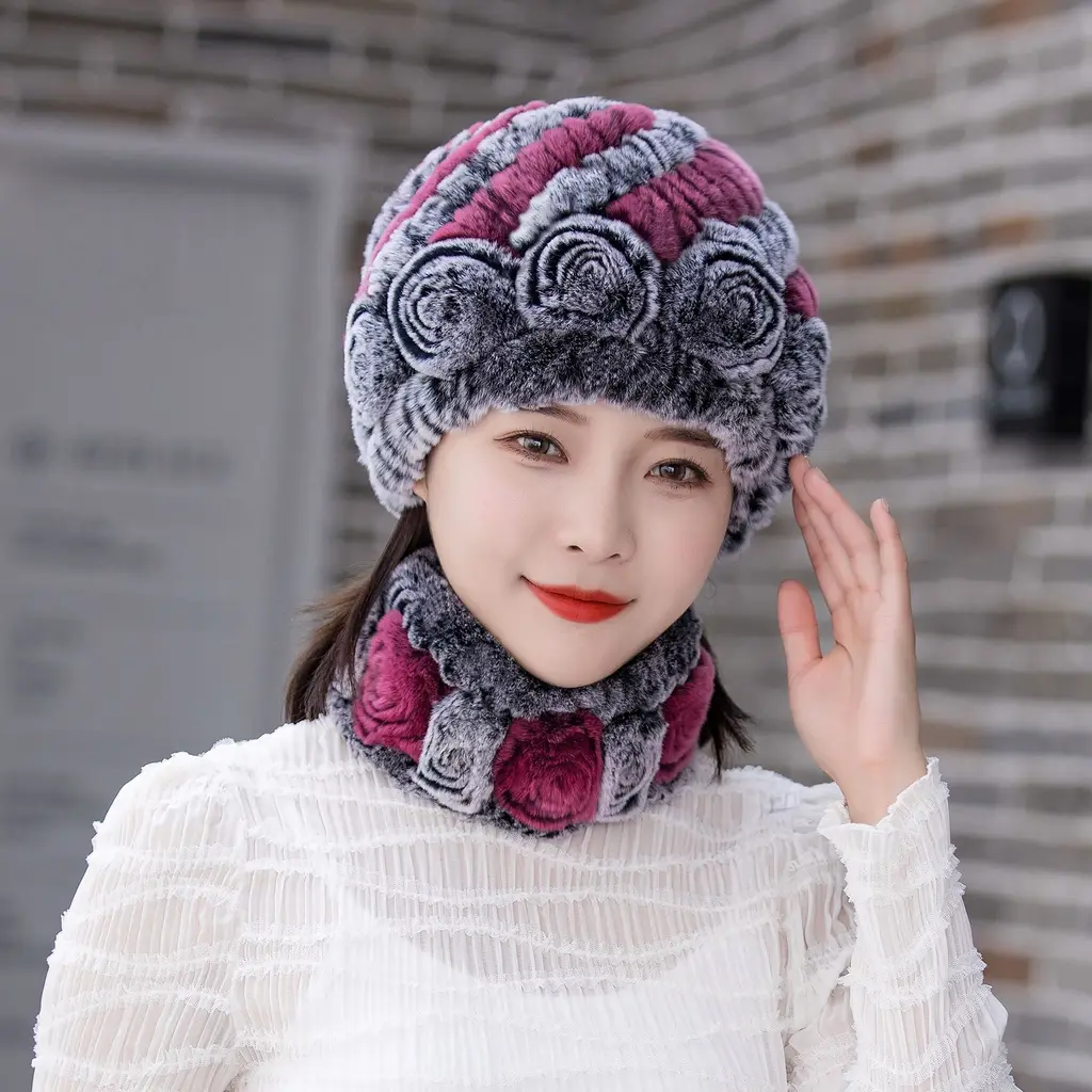 Winter Warm Rex Rabbit Fur Hat Scarf Suit - Black Frost Concubine