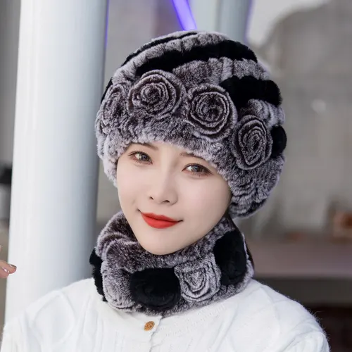 Winter Warm Rex Rabbit Fur Hat Scarf Suit Coffee Cream Black - Shop at LoveMi