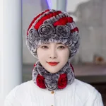 Winter Warm Rex Rabbit Fur Hat Scarf Suit - Coffee Frost Red