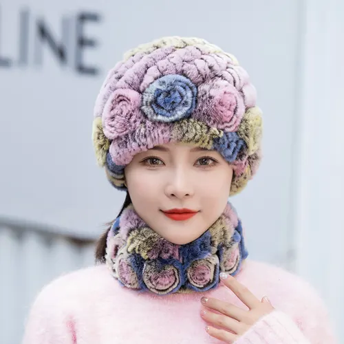 Winter Warm Rex Rabbit Fur Hat Scarf Suit Color Yellow - Shop at LoveMi