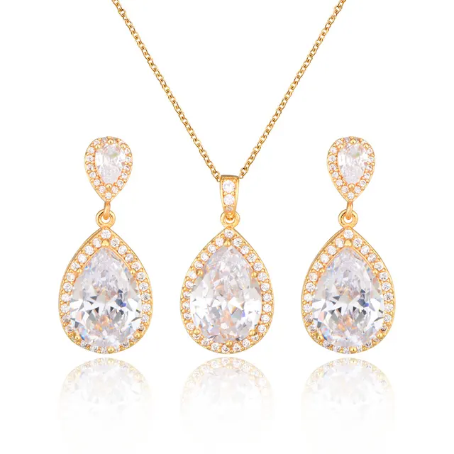 Women's Zircon Drop Necklace and Earring Set, Yellow 14K Real Gold - Shop at LoveMi
