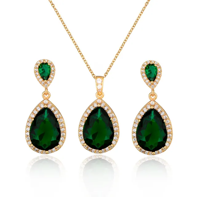 Bright Big Zircon Water Drops Necklace Eardrops Suit Bride Wedding Jewelry Simple Graceful Green - Shop at LoveMi