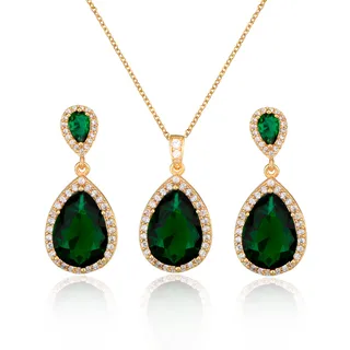 Bright Big Zircon Water Drops Necklace Eardrops Suit Bride Wedding Jewelry Simple Graceful - Green