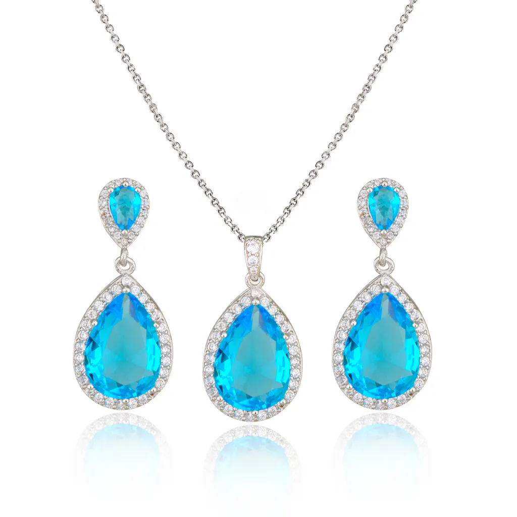 Bright Big Zircon Water Drops Necklace Eardrops Suit Bride Wedding Jewelry Simple Graceful - Light Blue