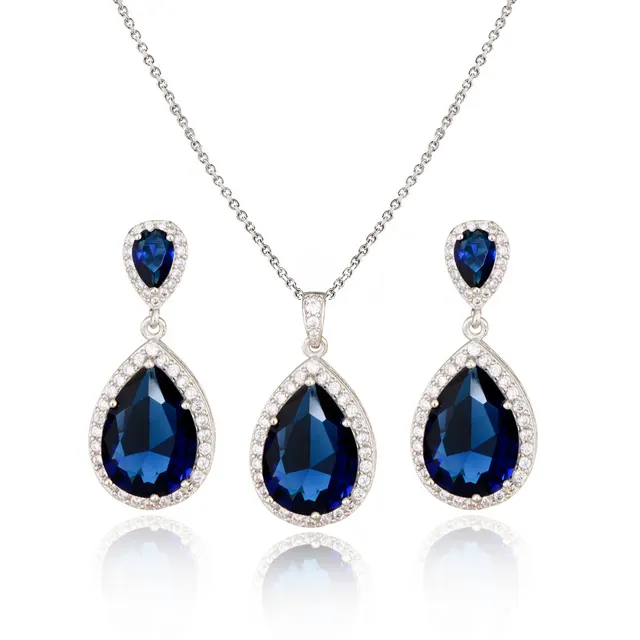 Bright Big Zircon Water Drops Necklace Eardrops Suit Bride Wedding Jewelry Simple Graceful Sapphire Blue - Shop at LoveMi