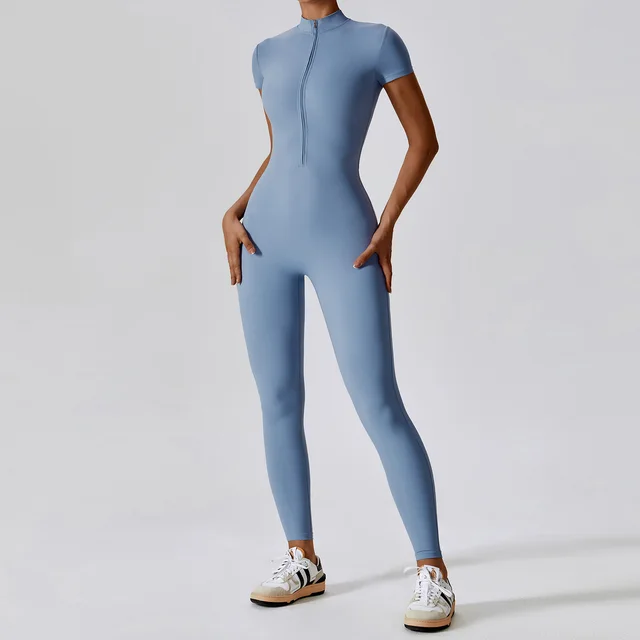 Zipper Short Sleeve Nude Feel Yoga Jumpsuit Haze Blue - Shop at LoveMi