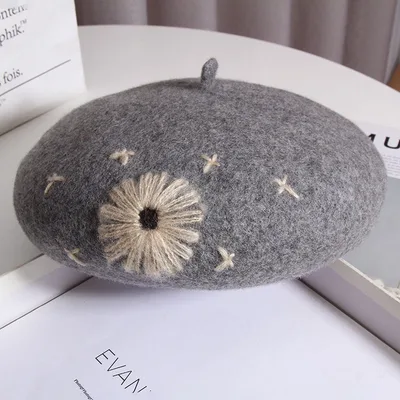 Handmade Embroidery Beret Women's All match Gray - Shop at LoveMi