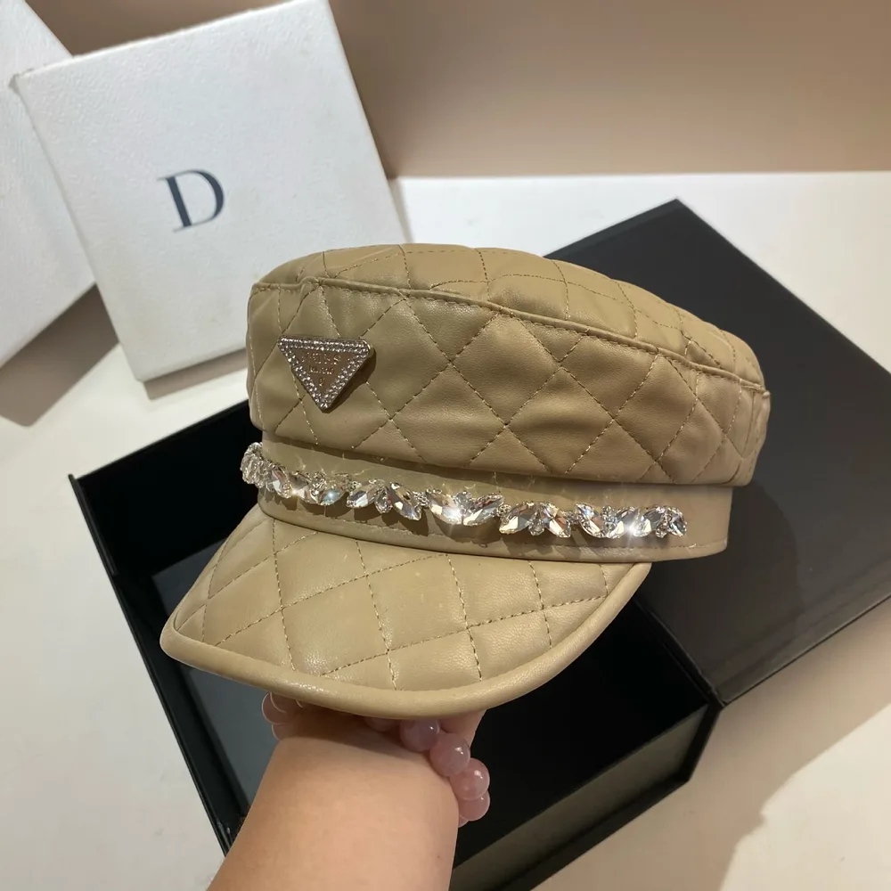Diamond Plaid PU Navy Hat European And American - Beige Inverted Triangle