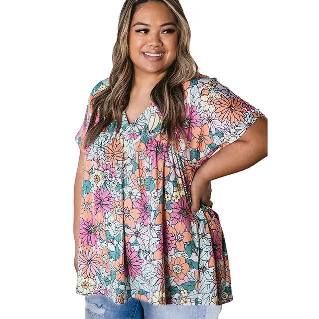 Summer Floral Print Loose Pleating V neck Top Pl251931 Color - Shop at LoveMi