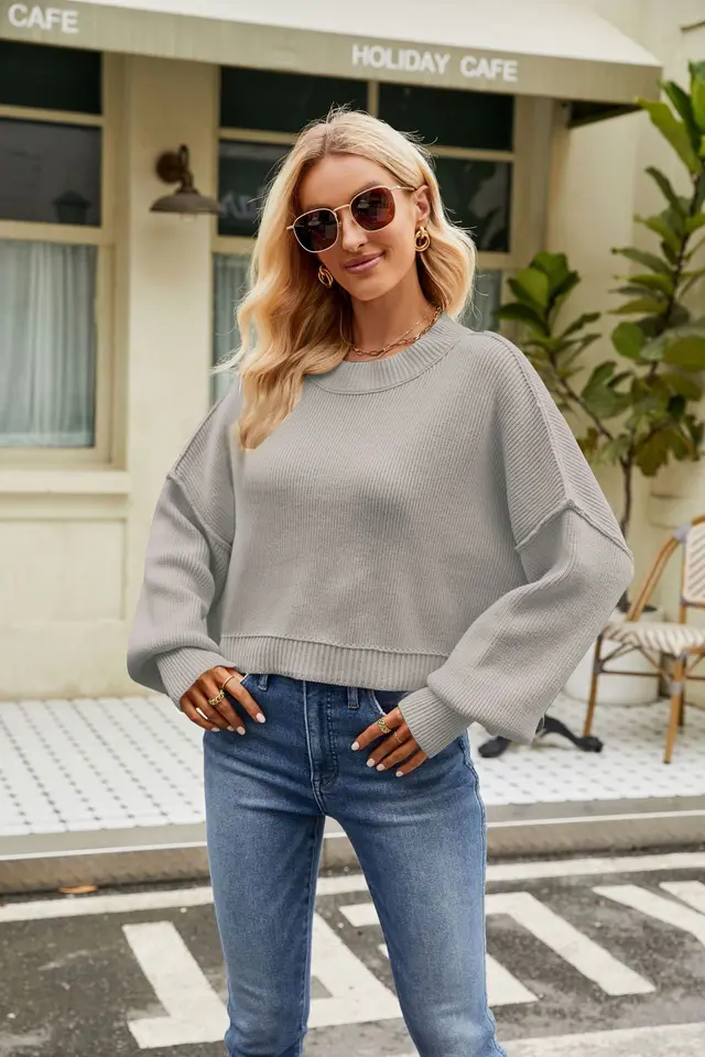 Loose Cropped Pullover Fashion Long Sleeve Round Neck Sweater Gray - Shop at LoveMi