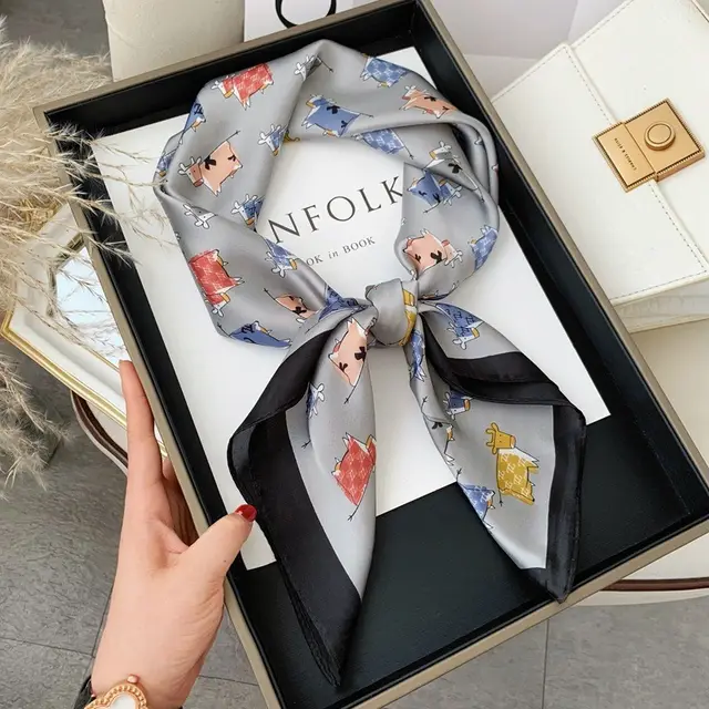Square Towel Silk Scarf Printed Matching Shirt Hair Band Arm Bag Cow Gray - Shop at LoveMi